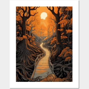 Highly Detailed Illustration of a Glowing Forest Path at Sunset Posters and Art